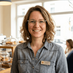 Eine lächelnde Frau mit Brille und einem Namensschild auf ihrem Hemd steht in einem Café.
