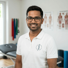 Ein Mann mit Brille steht in einer Physiotherapiepraxis und lächelt in die Kamera.