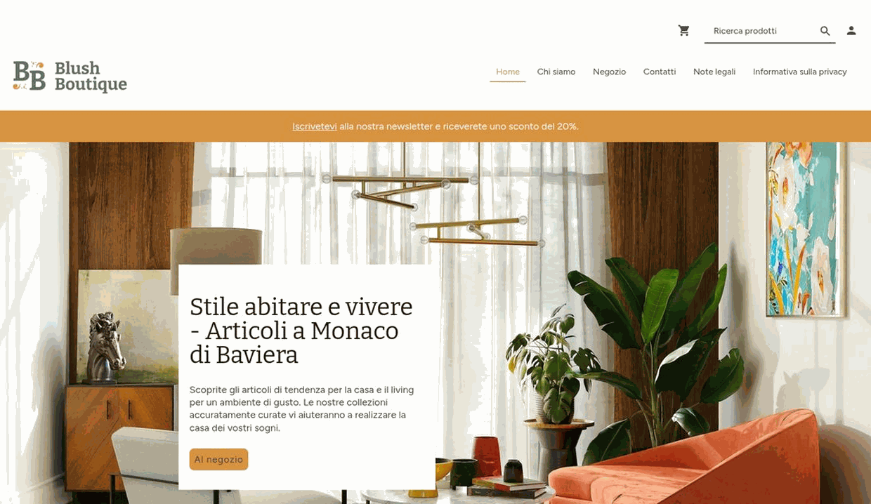 Shop online Blush Boutique con titolo "Stile abitare e vivere", soggiorno arredato con sconto 20% newsletter