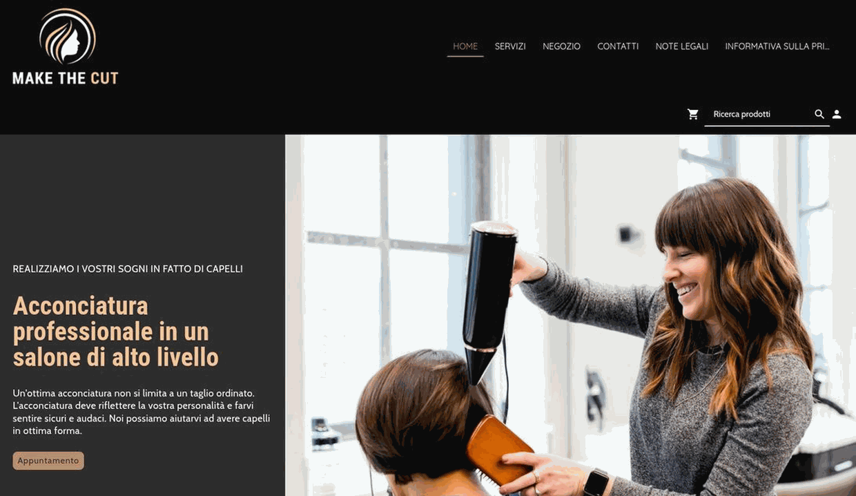 Shop online parrucchiere Make The Cut con titolo "Acconciatura professionale", stilista con phon al lavoro