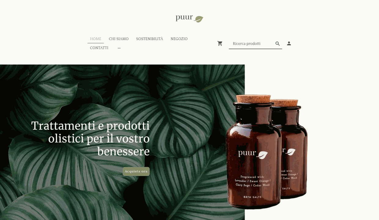 Shop online Puur con titolo "Trattamenti e prodotti olistici per il vostro benessere", flaconi sali da bagno