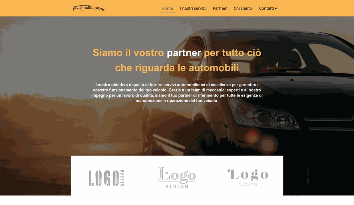 Sito web officina auto con titolo "Siamo il vostro partner", automobile al tramonto e loghi partner