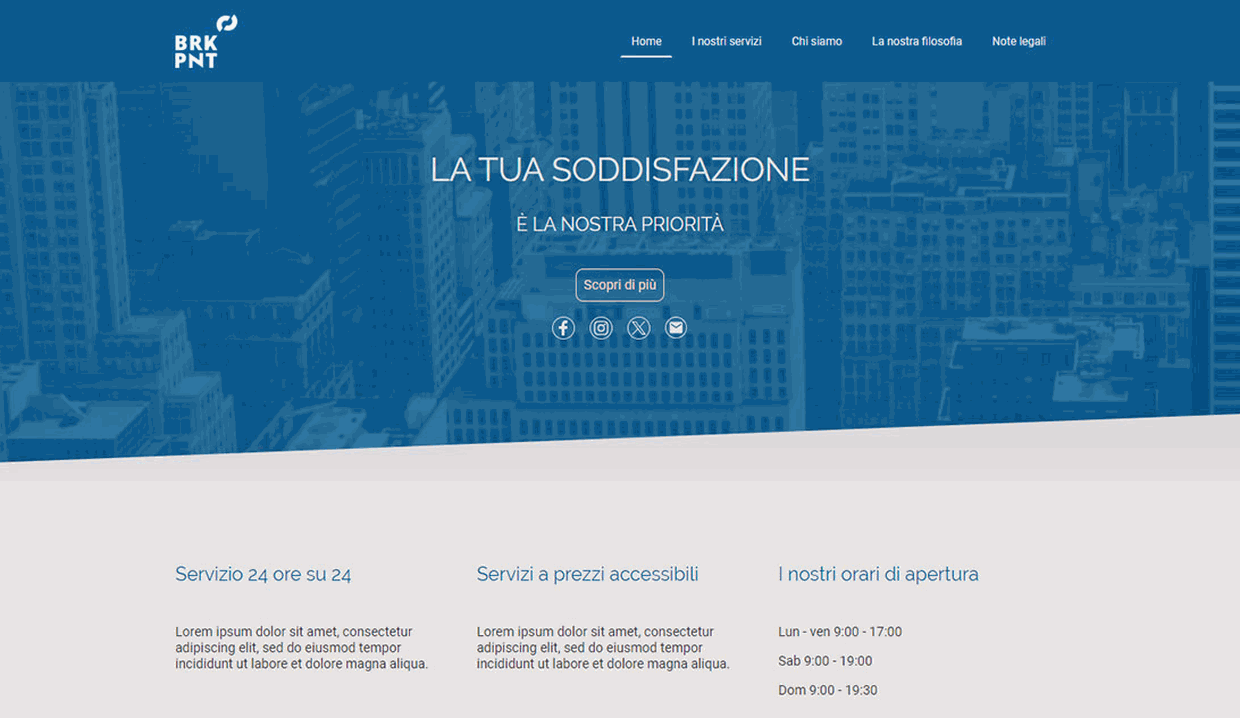 Sito web aziendale BRK PNT con titolo "La tua soddisfazione", skyline città su sfondo blu e icone social