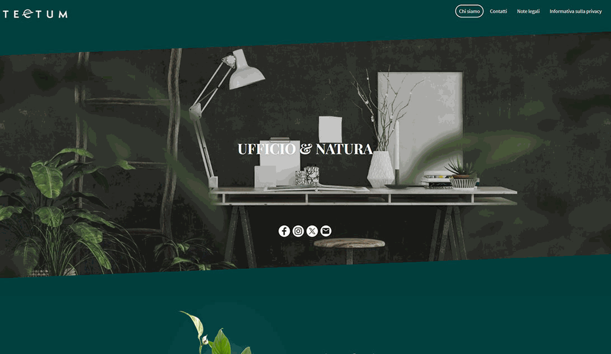 Sito web TEETUM con titolo "Ufficio & Natura", scrivania con lampada e piante su sfondo verde scuro