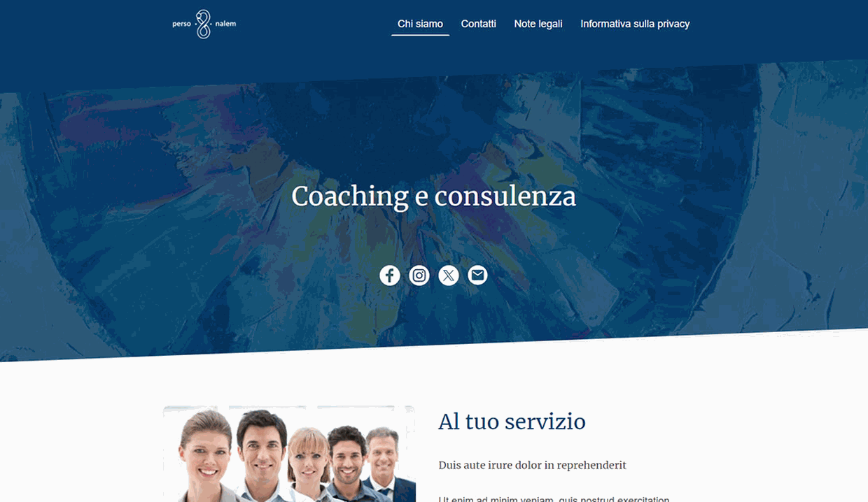 Sito web Personalem con titolo "Coaching e consulenza", sfondo blu astratto e team di consulenti