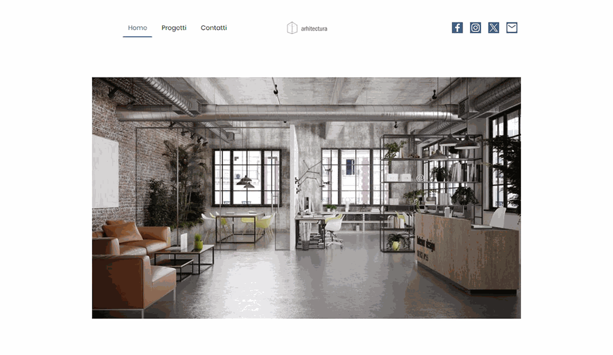 Sito web Arhitectura interior design con loft industriale, divano in pelle, scaffali e finestre a vetrata