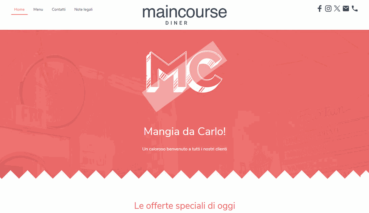 Sito web ristorante MainCourse Diner con logo MC, titolo "Mangia da Carlo!" su sfondo rosso corallo