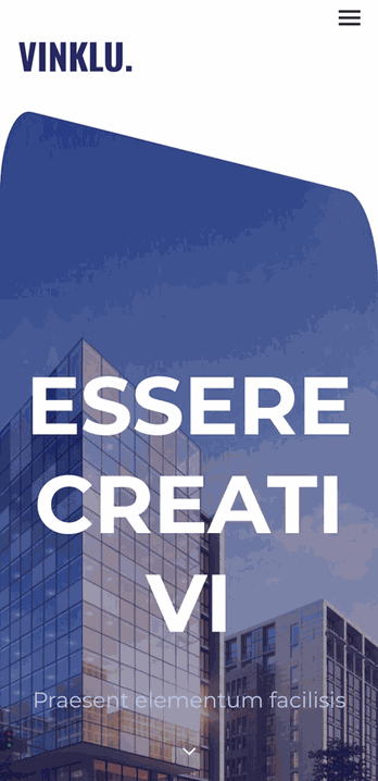 Sito web studio architettura VINKLU con titolo "Essere Creativi", edificio moderno in vetro su sfondo blu