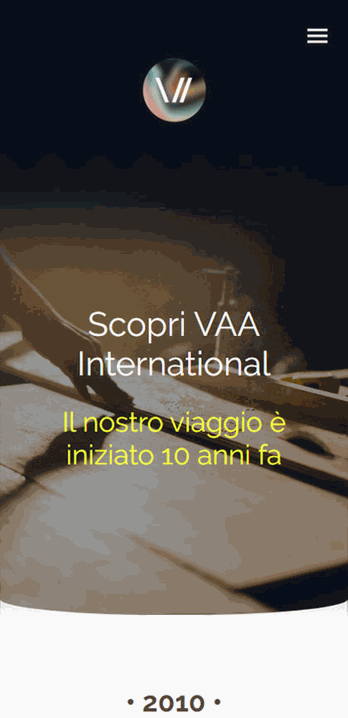 Sito web VAA International con titolo "Scopri VAA International", timeline aziendale dal 2010 su sfondo scuro