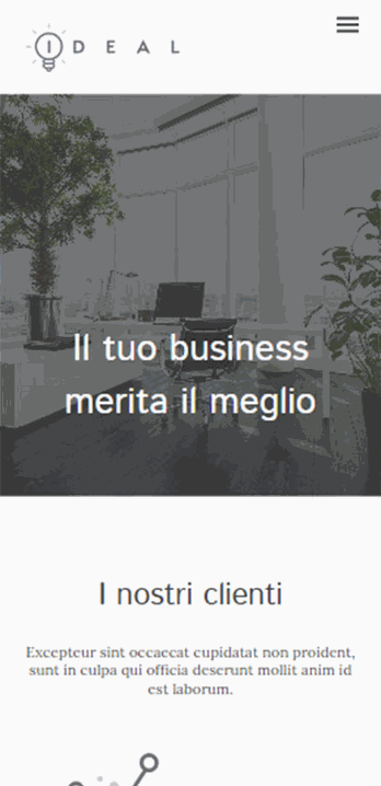 Sito web IDEAL con titolo "Il tuo business merita il meglio", ufficio moderno e loghi clienti in grigio
