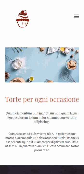 Sito web pasticceria con titolo "Torte per ogni occasione", ingredienti da forno su sfondo azzurro, icona cupcake