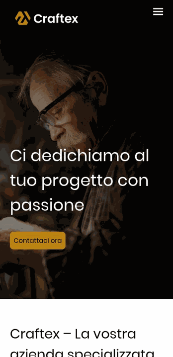 Sito web Craftex falegnameria con artigiano al lavoro nel laboratorio, pulsante "Contattaci ora" dorato