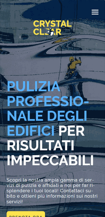 Sito web Crystal Clear pulizia edifici con lavavetri su facciata, pulsante "Prenota ora" giallo su sfondo blu