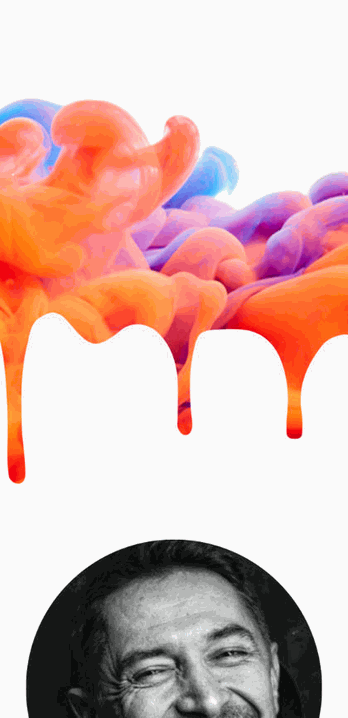 Sito web CV creativo con nuvole di colore rosa, arancione e blu che colano, profilo Joe Doughiest