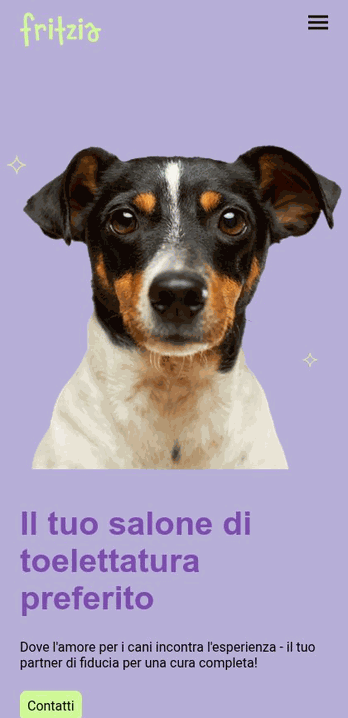 Sito web toelettatura Fritzia con titolo "Il tuo salone di toelettatura preferito", ritratto cane su sfondo lilla