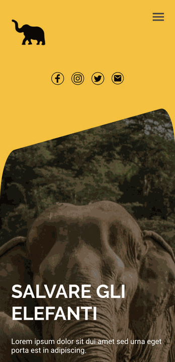 Sito web ONG con titolo "Salvare gli elefanti", elefante nella natura su sfondo giallo, pulsante "Aiutaci"
