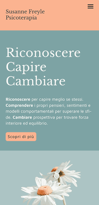 Sito web psicoterapia Susanne Freyle con titolo "Riconoscere Capire Cambiare", margherite su sfondo pastello