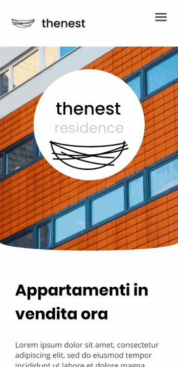Sito web TheNest Residence con logo, condominio colorato arancione-azzurro e titolo "Appartamenti in vendita ora"