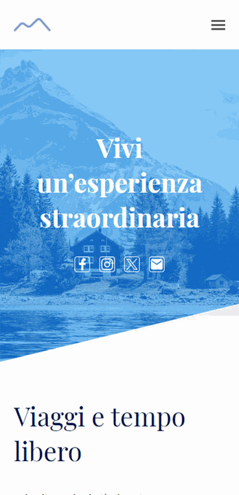 Sito web viaggi con titolo "Vivi un'esperienza straordinaria", panorama montano invernale con abeti e vette