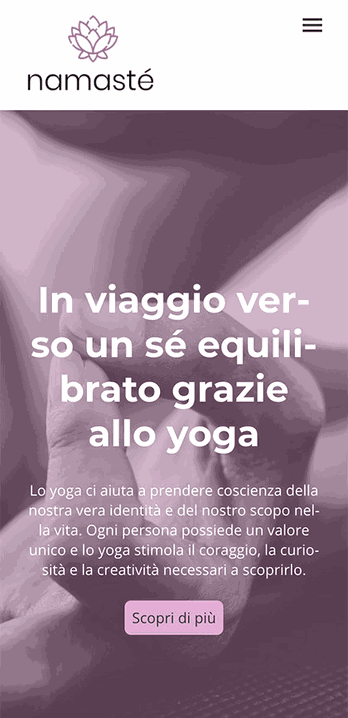 Sito web yoga Namasté con titolo "In viaggio verso un sé equilibrato grazie allo yoga", mano in mudra