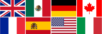 Collage of 8 flags: UK, Mexico, Germany, Canada, France, Spain, USA, Italy