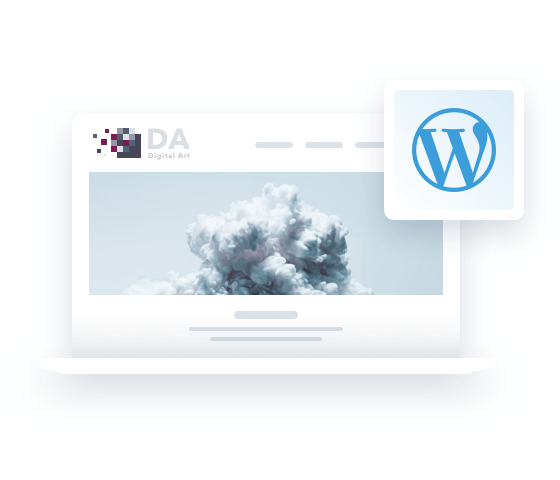 Laptop with sample website and WordPress logo