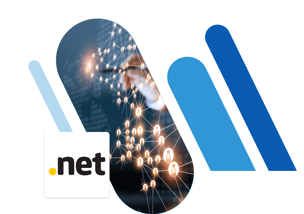.net Domain Logo und leuchtende Punkte, die miteinander vernetzt sind; blaue Balken