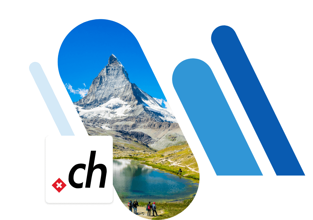 Mountain and lake with .ch domain logo