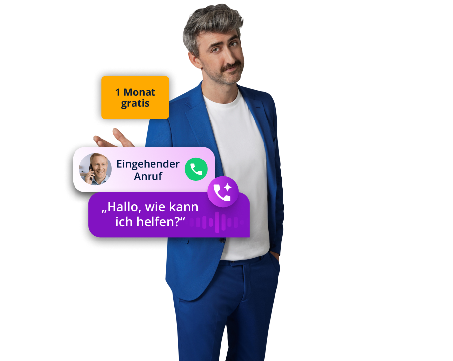 IONOS KI-Telefonassistent: Person im Anzug mit Telefon und Hinweis „1 Monat gratis“.