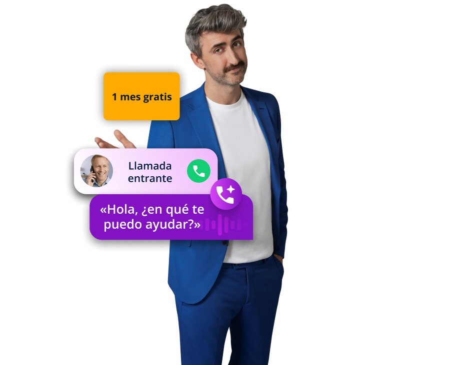 IONOS Recepcionista IA: persona con traje sosteniendo un teléfono con mensaje «Hola, ¿en qué te puedo ayudar?» y «1 mes gratis».