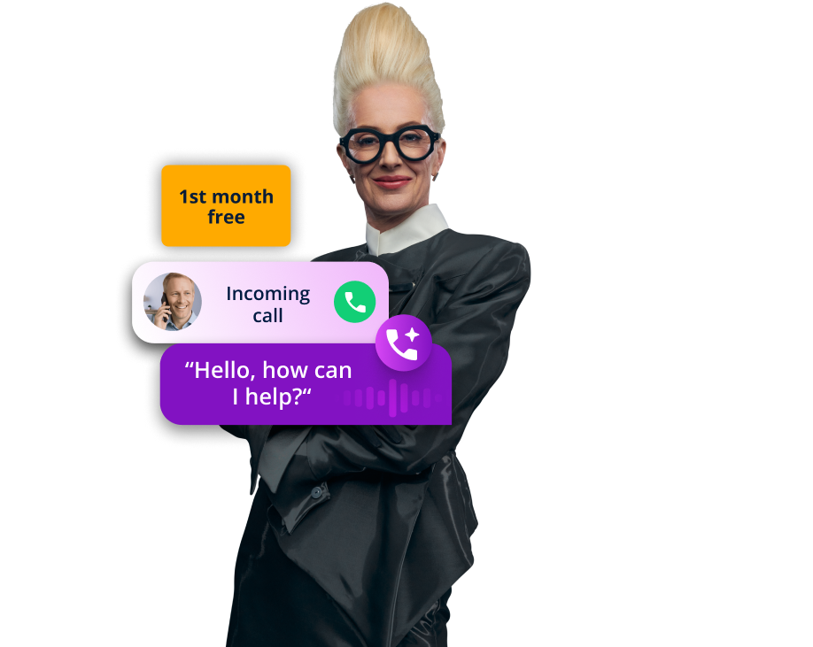 IONOS AI Receptionist: person in suit holding phone with prompt “Hello, how can I help you?” and “1 month free”.