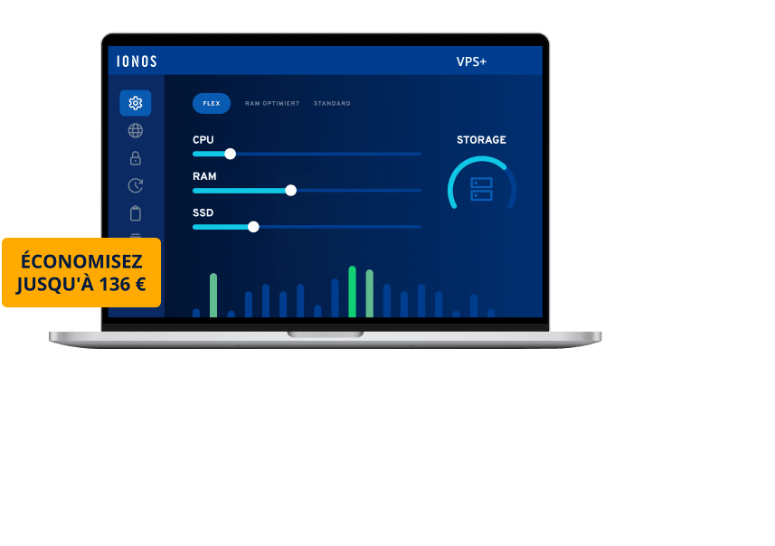 Laptop mit geöffnetem Bildschirm, auf dem ein Dashboard zur Konfiguration von Serverressourcen wie CPU, RAM und SSD-Speicher angezeigt wird.