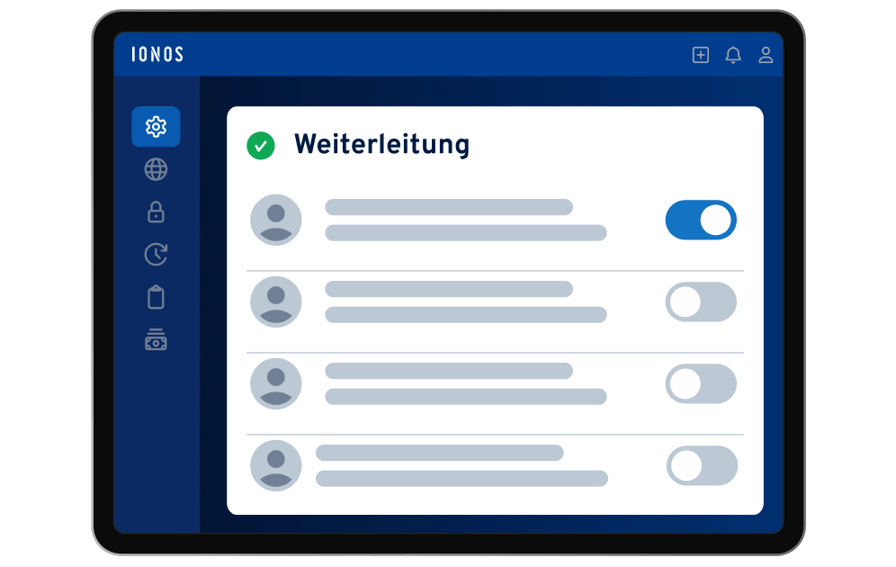 IONOS Control Center: Weiterleitungseinstellungen für den KI-Telefonassistenten mit aktiviertem Kontakt.