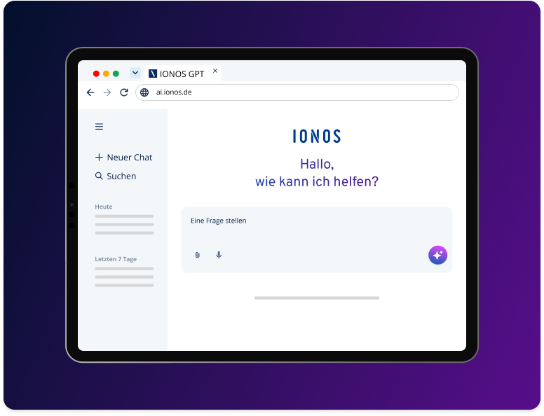Ein Tablet zeigt den IONOS KI-Chatbot auf der Website al.ionos.de. Der Chatbot begrüßt mit "Hallo, wie kann ich helfen?" und bietet ein Feld zur Eingabe von Fragen an.