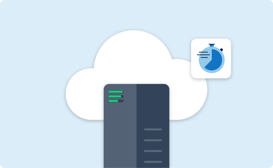 Cloud-Server in einer Cloud-Umgebung mit Stoppuhr-Symbol: steht für sofortigen Start und Bereitstellung innerhalb weniger Minuten.