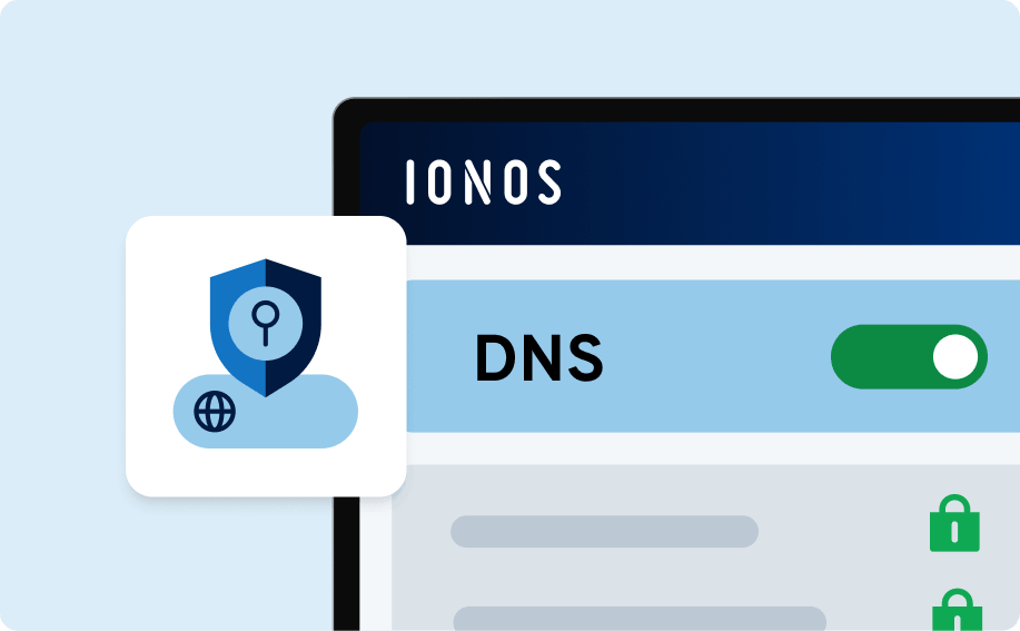 IONOS-Oberfläche mit aktiviertem DNS und Schutzsymbol: steht für sichere DNS-Konfiguration und Schutz der Domain-Einstellungen.