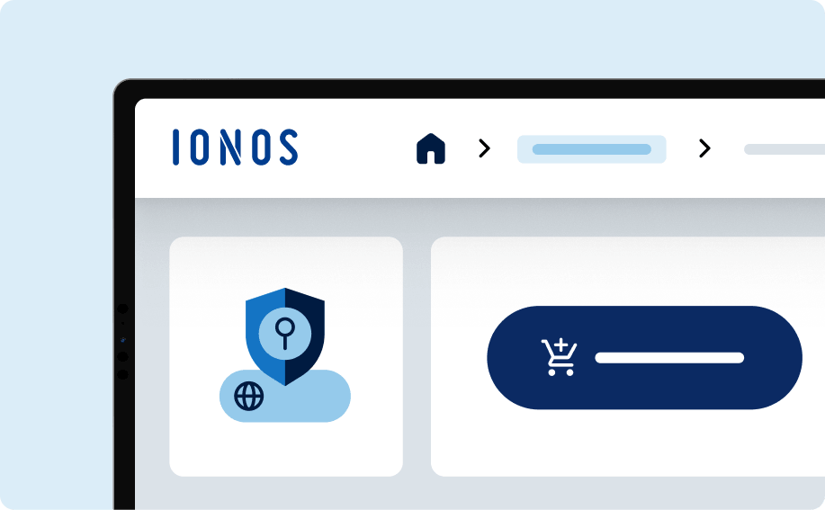 IONOS-Oberfläche mit Schutzsymbol und Einstellungen: steht für Sicherheitsfunktionen und Konfiguration innerhalb der Domain- oder Hosting-Verwaltung.