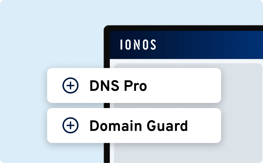 IONOS-Oberfläche mit Optionen „DNS Pro“ und „Domain Guard“: steht für erweiterte Sicherheits- und Schutzfunktionen für Domains.