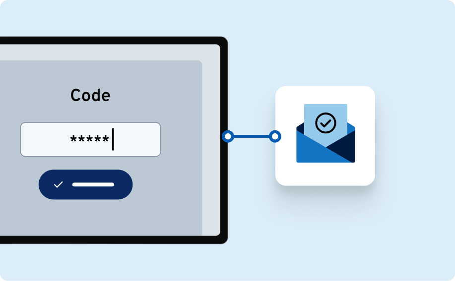 Code-Eingabe mit Verbindung zu E-Mail-Symbol: steht für Verifizierung per Bestätigungscode bei der Domain-Einrichtung.