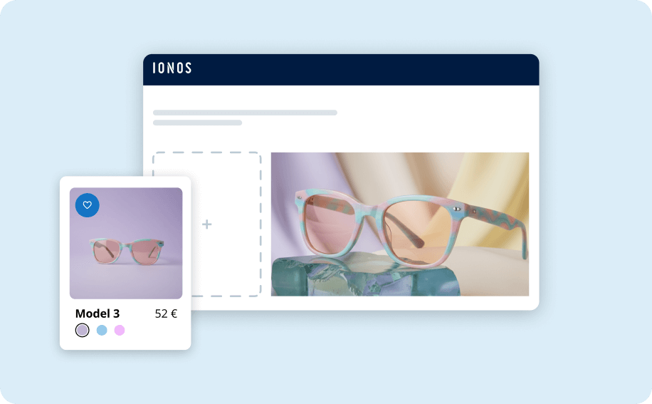 Onlineshop-Editor mit Produktanzeige für Sonnenbrille „Model 3” in verschiedenen Farben.