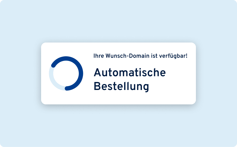 Hinweis „Ihre Wunsch-Domain ist verfügbar“ mit „Automatische Bestellung“ und Ladeanzeige: steht für schnelle, automatisierte Domain-Registrierung.