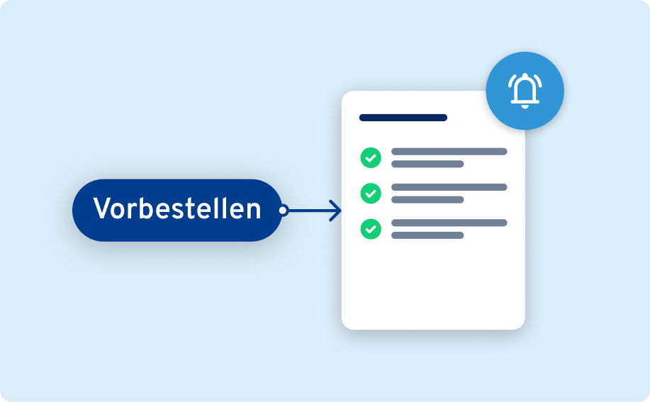 Button „Vorbestellen“ neben Checkliste und Symbol: steht für die Reservierung einer Domain vor der offiziellen Verfügbarkeit.