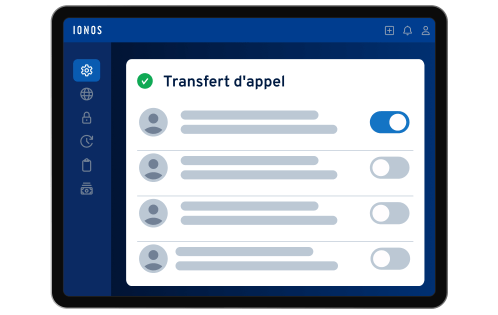 Interface IONOS : paramètres de transfert d'appel du Réceptionniste IA avec un contact activé.