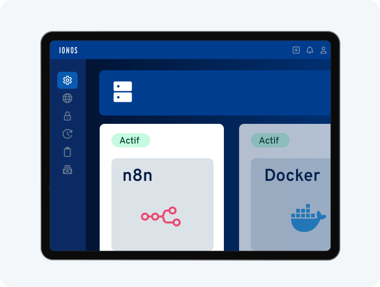 Tablette avec interface IONOS montrant les services n8n et Docker avec statut Actif.