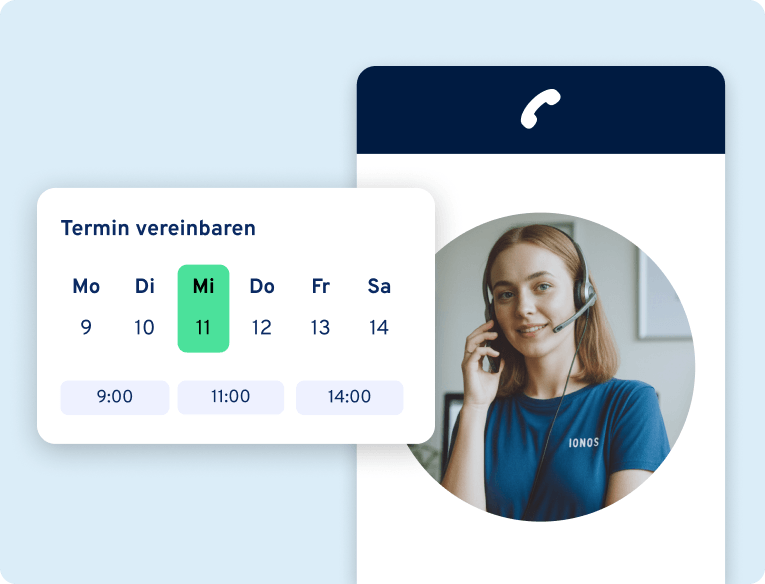 Terminbuchungskalender mit Zeitfenstern neben einer IONOS-Supportmitarbeiterin mit Headset.