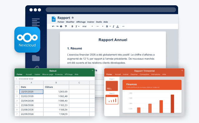 Nexicloud-Software mit einem Bericht, einer Excel-Tabelle und einem Finanzdiagramm.