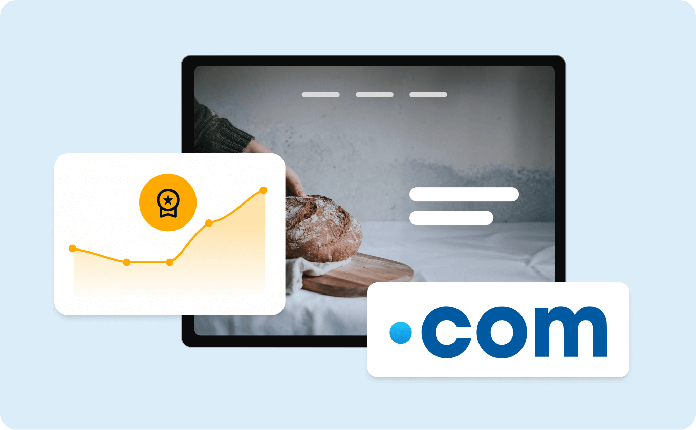 Website mit steigender Kurve und .com-Hinweis: steht für bessere Sichtbarkeit und starke Markenwirkung durch eine .com-Domain.