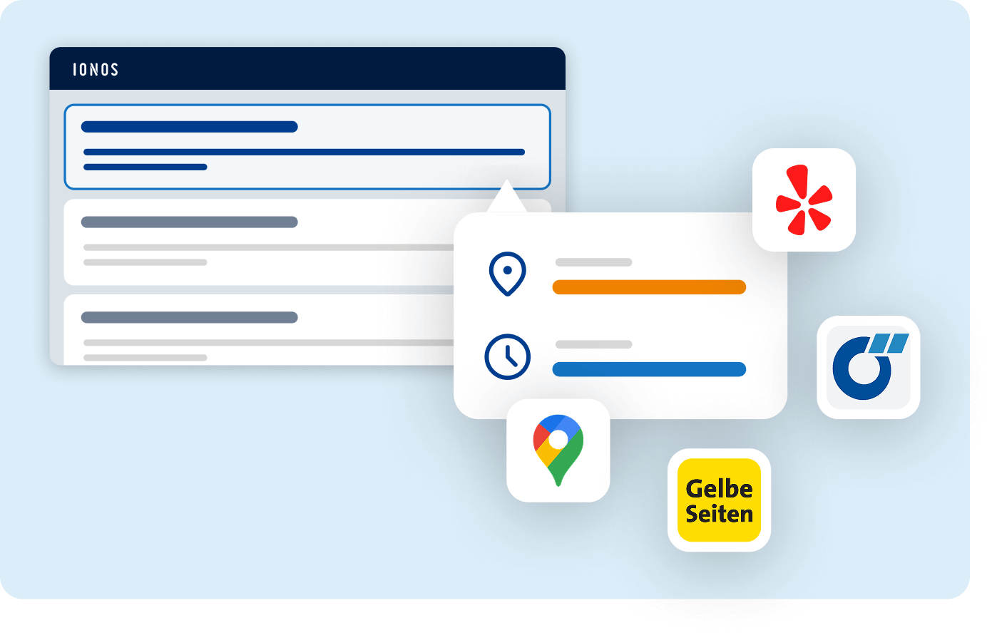 Suchergebnisse mit Bewertungs- und Karten-Icons (u. a. Google Maps und Yelp): steht für bessere lokale Auffindbarkeit und Sichtbarkeit im Web.