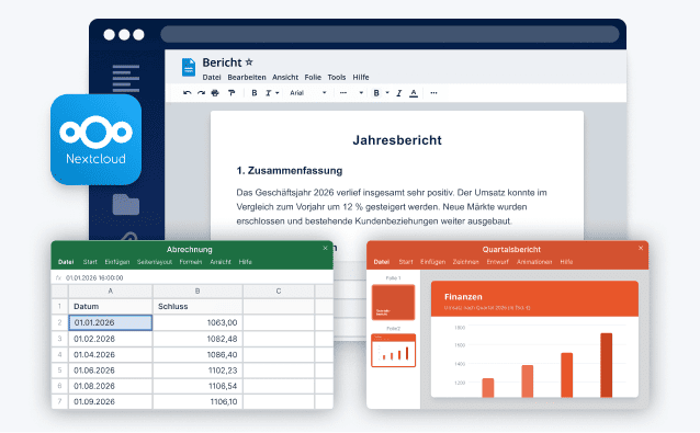 Nextcloud-Interface mit Jahresbericht und Finanzdiagramm.