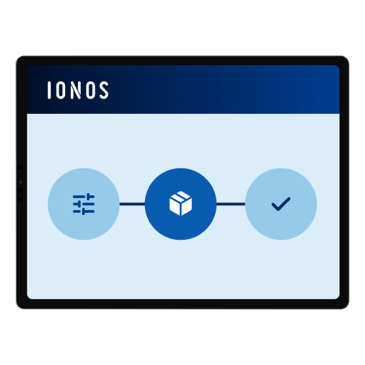 IONOS-Oberfläche mit Migrationsschritten und Icons für Einrichtung, Übertragung und Abschluss: steht für einfachen und sicheren E-Mail-Umzug.